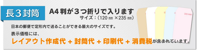 長3封筒(120㎜×235㎜)A4判が三つ折りで入ります。表示価格には、レイアウト作成代+封筒代+印刷代+消費税が含まれています。